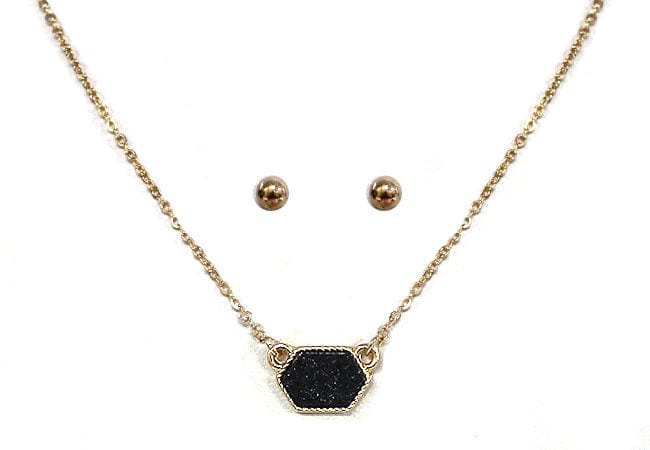 VNE0851 Sally Druzy Hexagon Pendant Necklace & Earrings Set - MiMi Wholesale