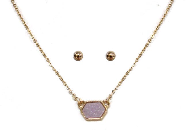 VNE0851 Sally Druzy Hexagon Pendant Necklace & Earrings Set - MiMi Wholesale