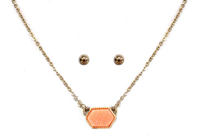 VNE0851 Sally Druzy Hexagon Pendant Necklace & Earrings Set - MiMi Wholesale