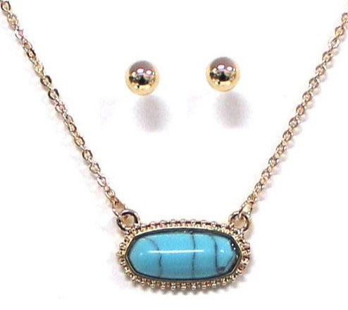 VNE0969 Stone Oval Pendant Necklace & Earrings Set - MiMi Wholesale