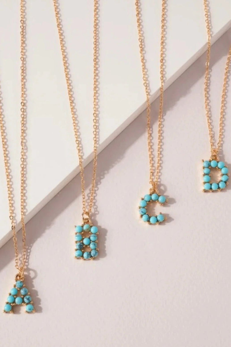 VNE1147 16 Piece Assorted Turquoise Beaded Initial Necklace Pack - MiMi Wholesale