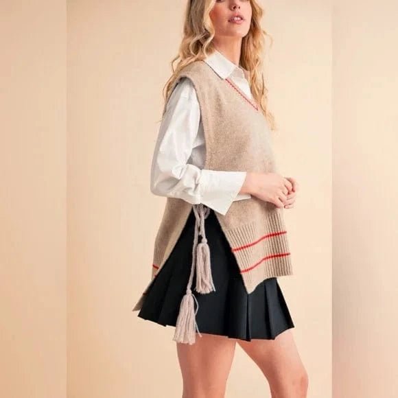 VTC0048 V Neck Knit Vest With Tassels - MiMi Wholesale