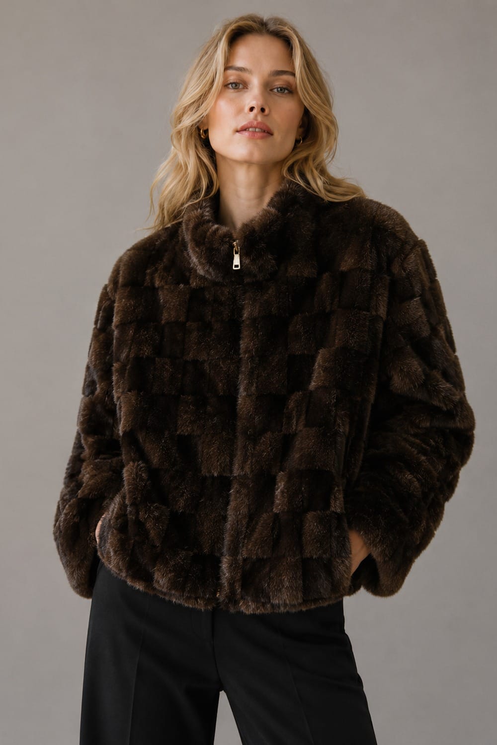 WCJS587 Camille Checker Faux Fur Jacket - MiMi Wholesale