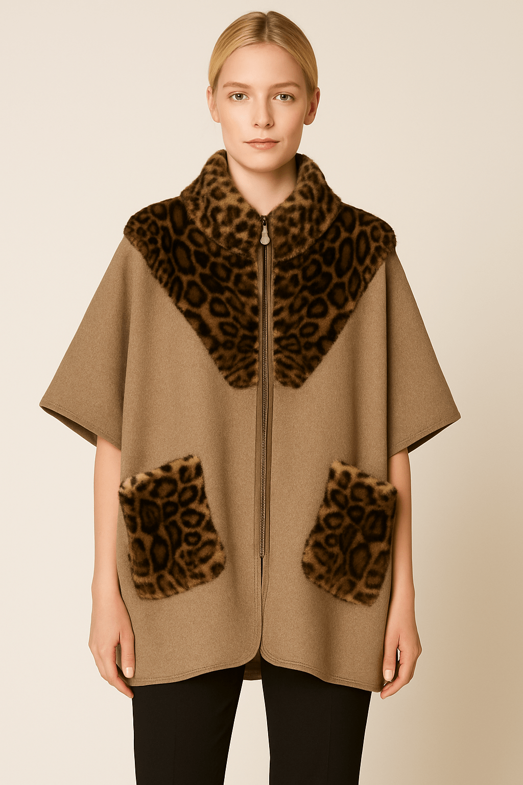 WCK520132 Leopard Fur Point Zip Kimono - MiMi Wholesale