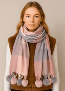 WCL520108 Plaid Scarf With Pom Pom Tassels - MiMi Wholesale