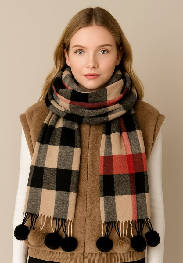 WCL520108 Plaid Scarf With Pom Pom Tassels - MiMi Wholesale