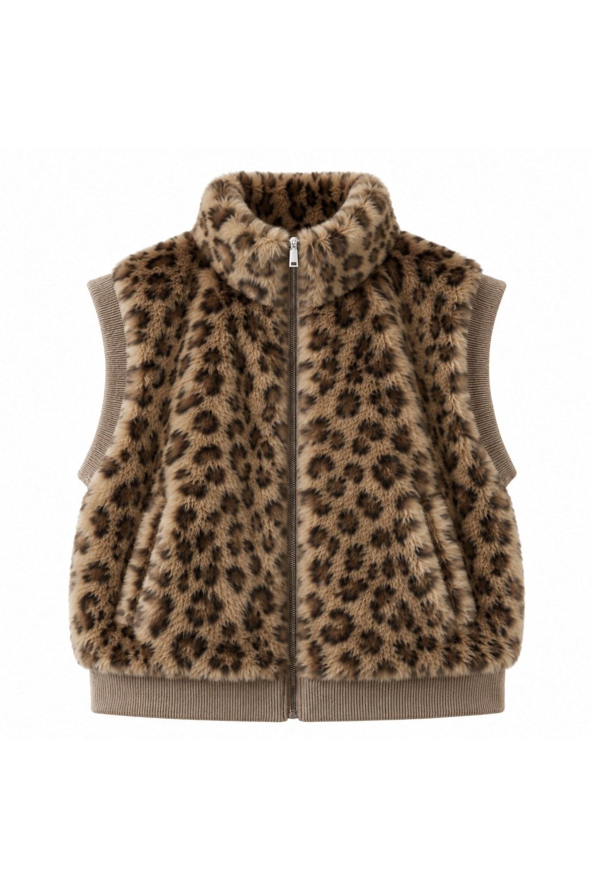 WCVS636 Bianca Leopard Faux Fur Rib Trim Vest - MiMi Wholesale