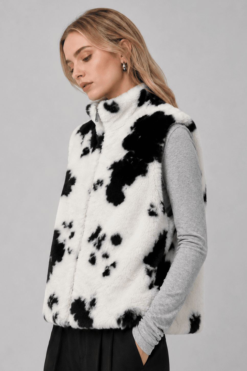 WCVS707 Cara Cow Print Fur Vest - MiMi Wholesale