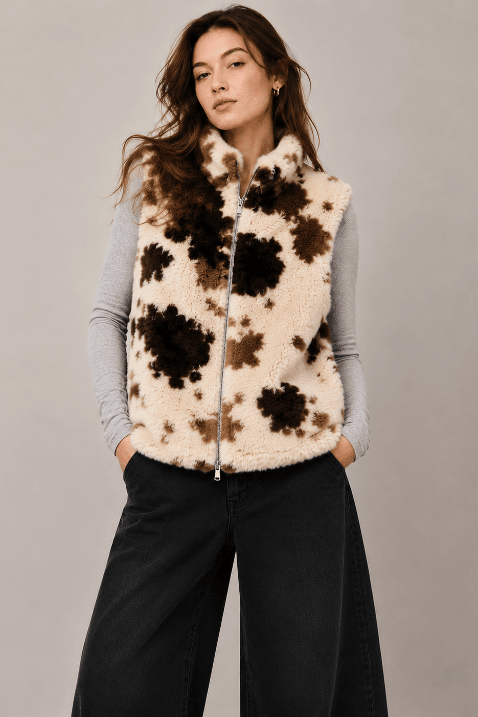 WCVS707 Cara Cow Print Fur Vest - MiMi Wholesale
