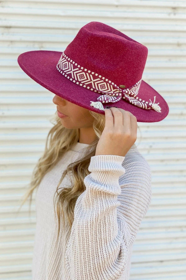 WF3 Lauren Felt Panama Brim Hat With Aztec Trim Band - MiMi Wholesale