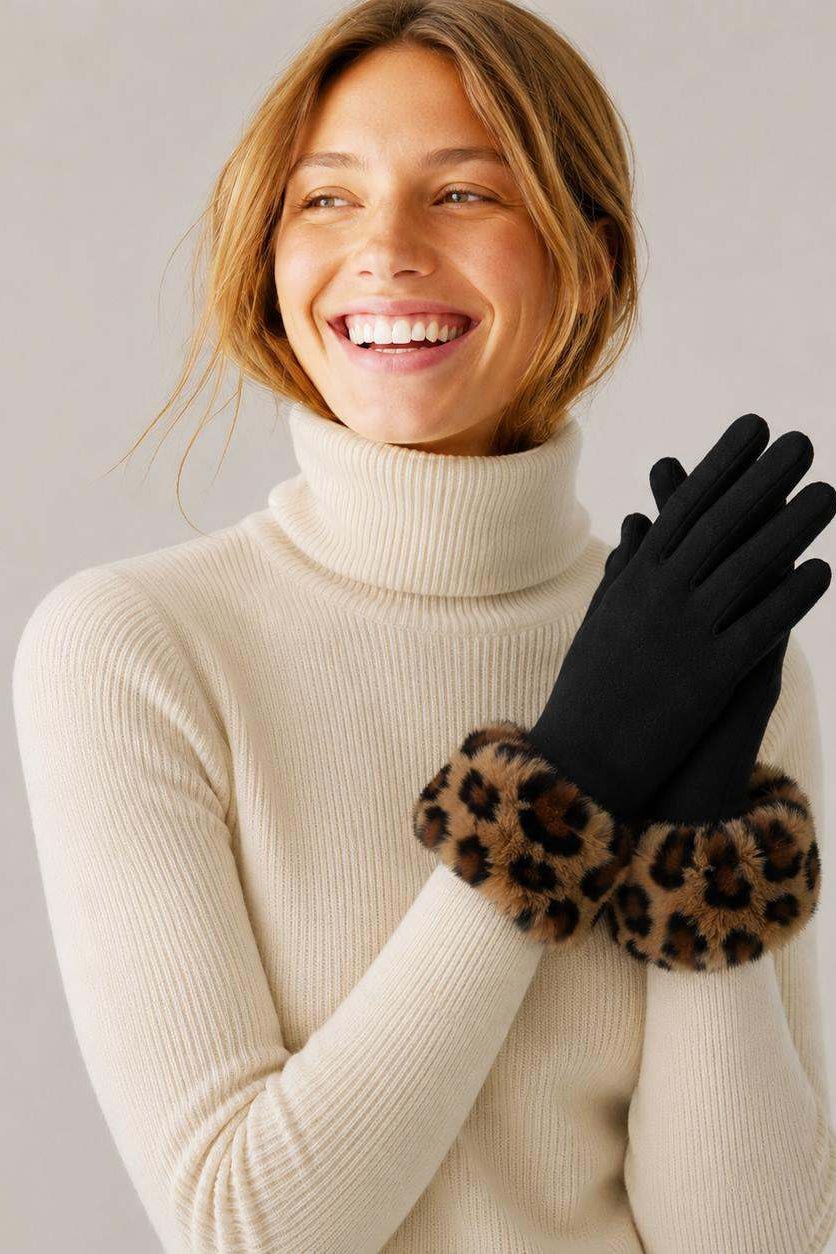 WGTS644 Lanie Leopard Fur Cuff Mittens - MiMi Wholesale