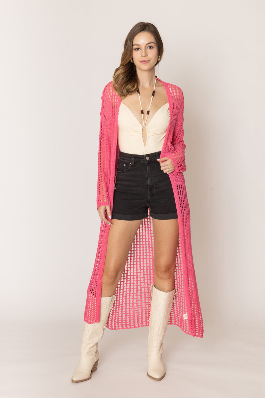 WLC410041 Sloane Crochet Long Cardigan - MiMi Wholesale