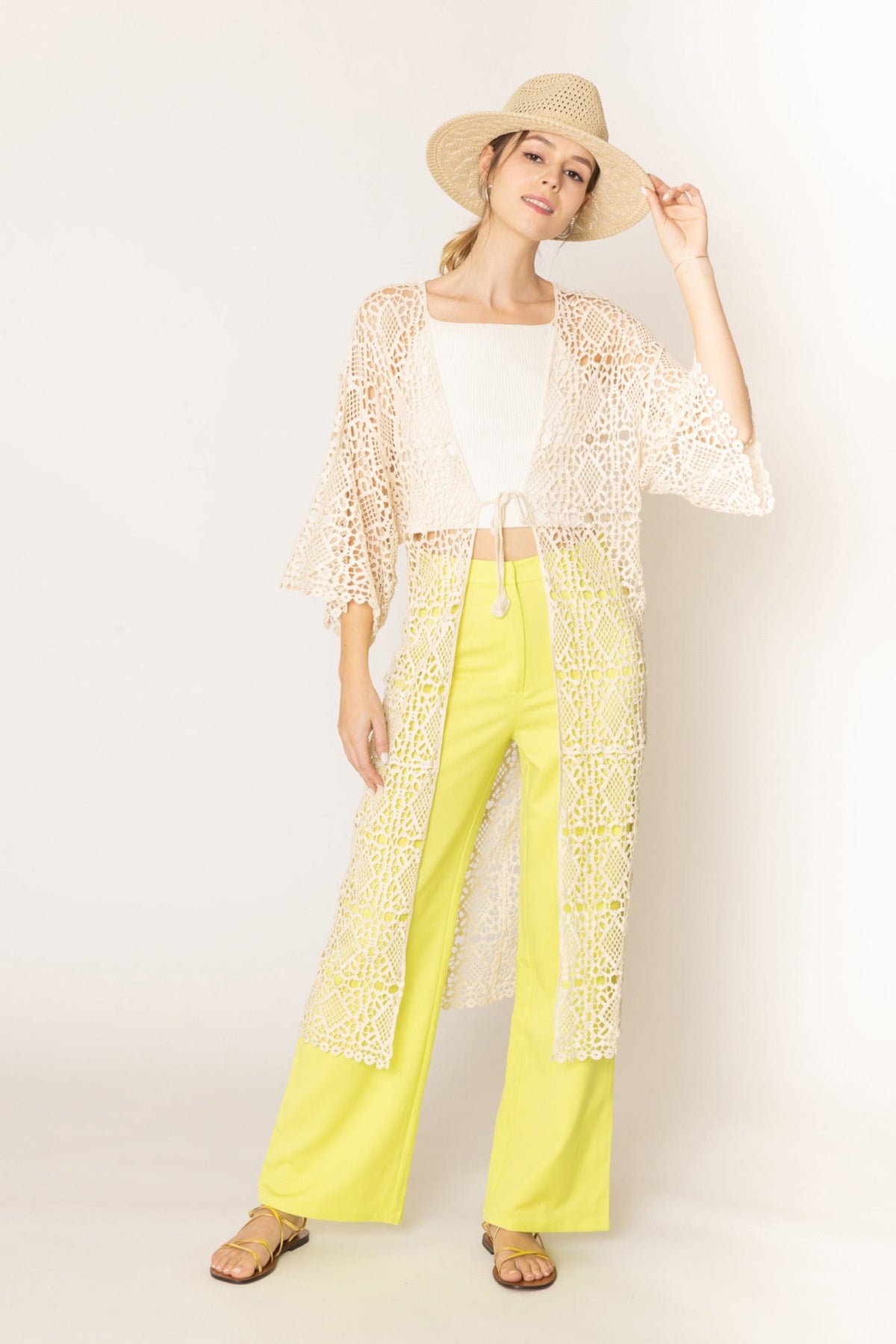 WLC410044 Aria Crochet Kimono with Tie - MiMi Wholesale