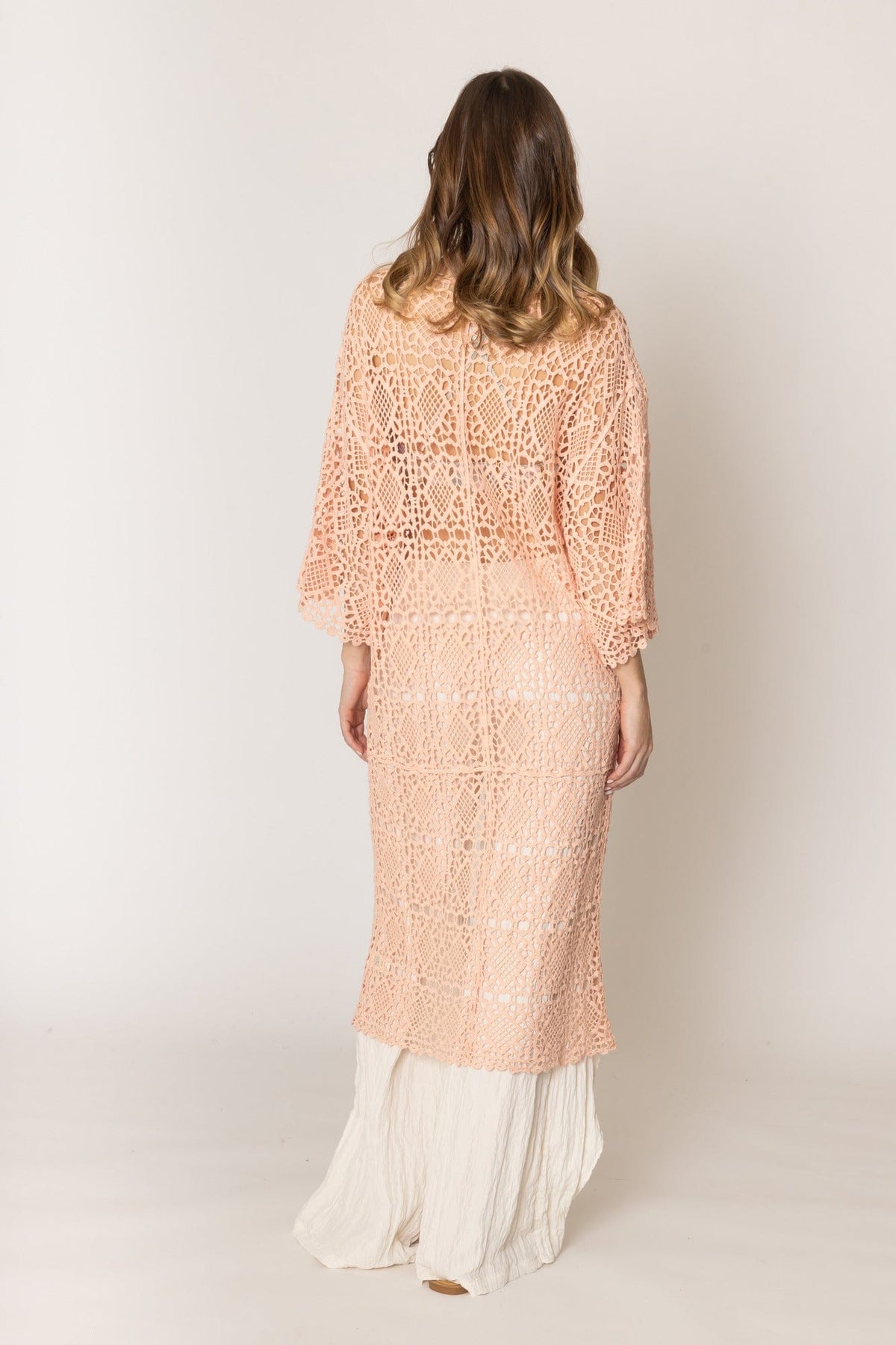 WLC410044 Aria Crochet Kimono with Tie - MiMi Wholesale