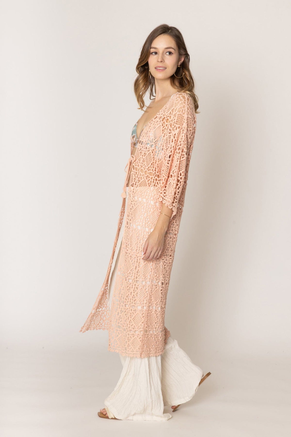 WLC410044 Aria Crochet Kimono with Tie - MiMi Wholesale