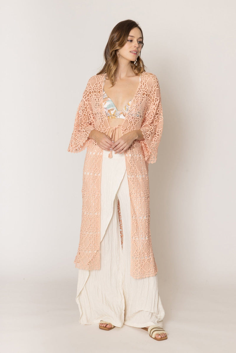 WLC410044 Aria Crochet Kimono with Tie - MiMi Wholesale