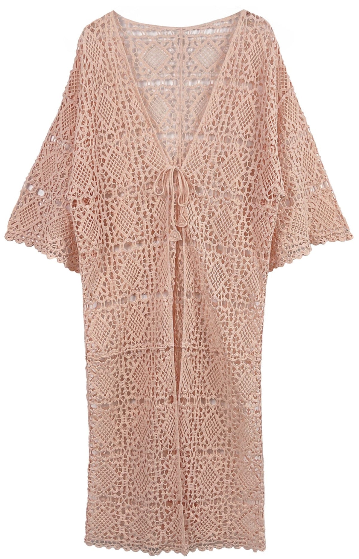WLC410044 Aria Crochet Kimono with Tie - MiMi Wholesale