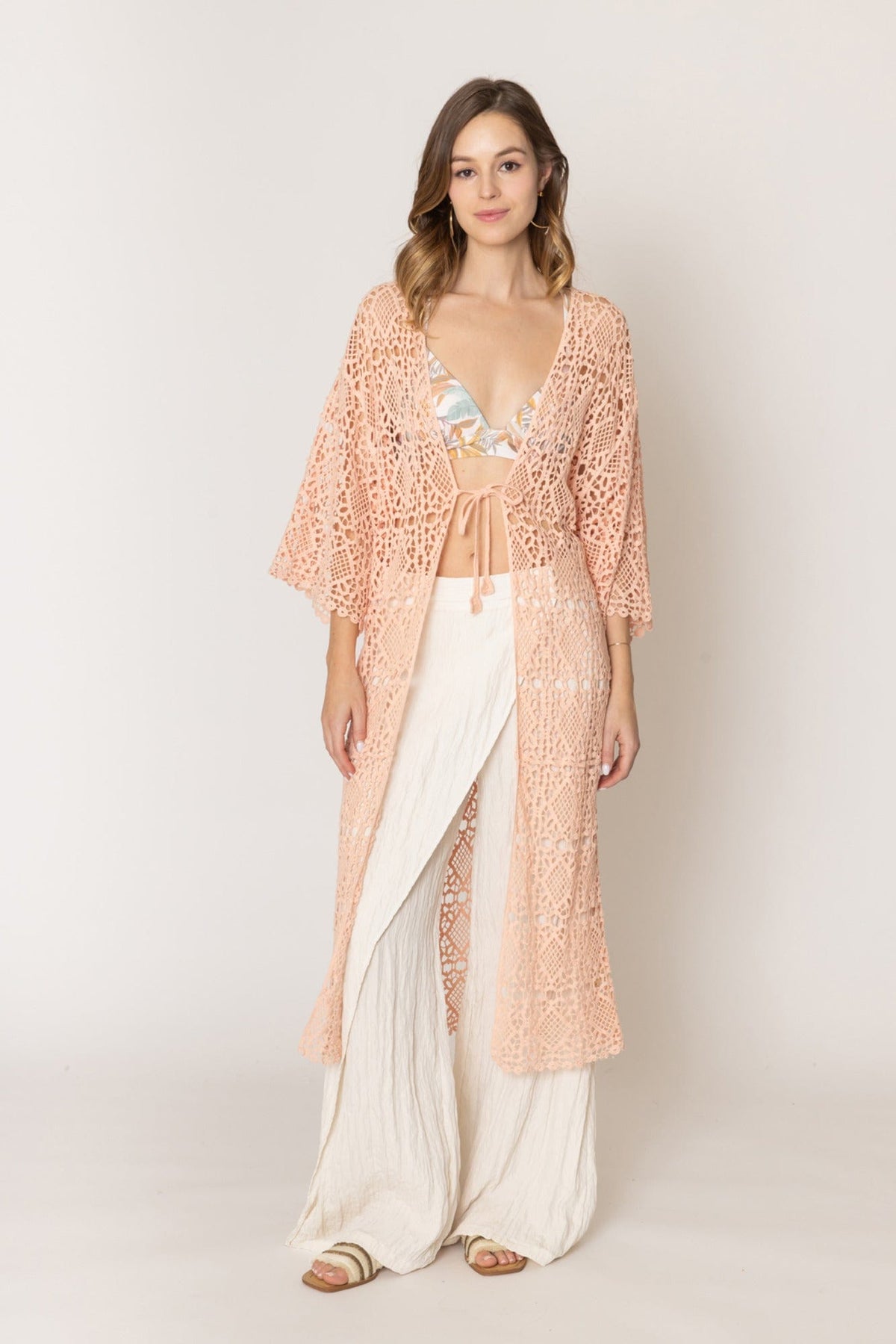 WLC410044 Aria Crochet Kimono with Tie - MiMi Wholesale
