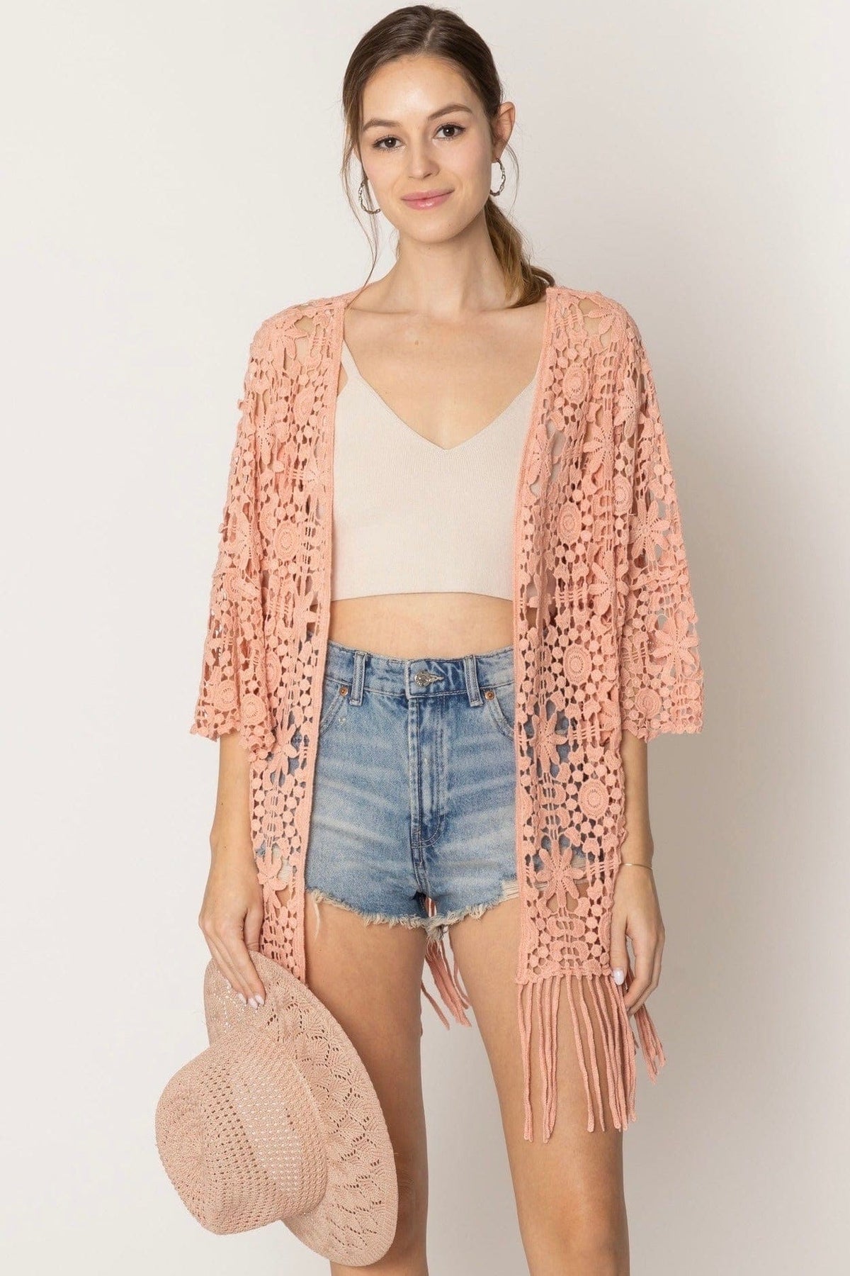 WLC410046 Eliana Crochet Kimono With Tassels - MiMi Wholesale