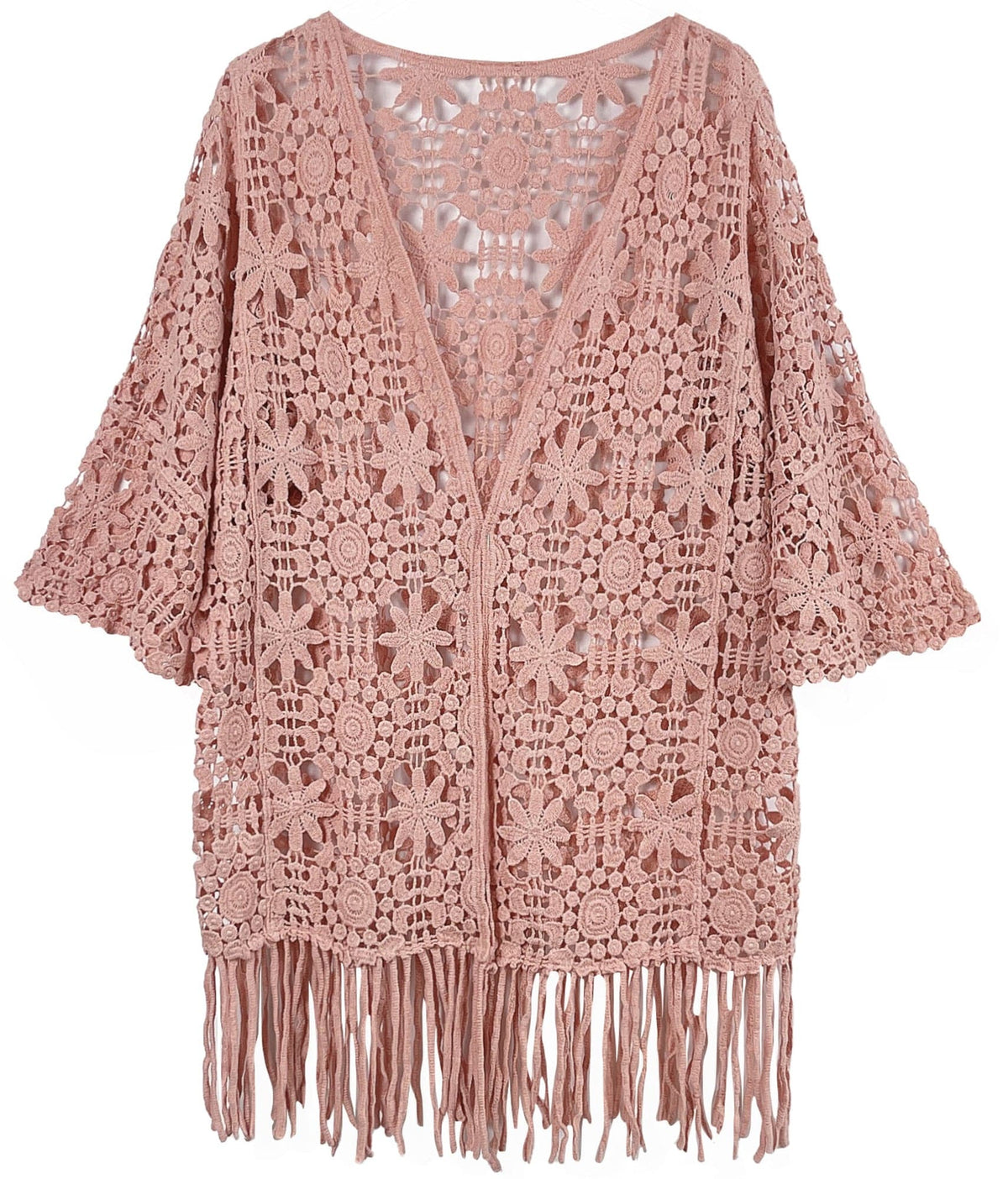 WLC410046 Eliana Crochet Kimono With Tassels - MiMi Wholesale