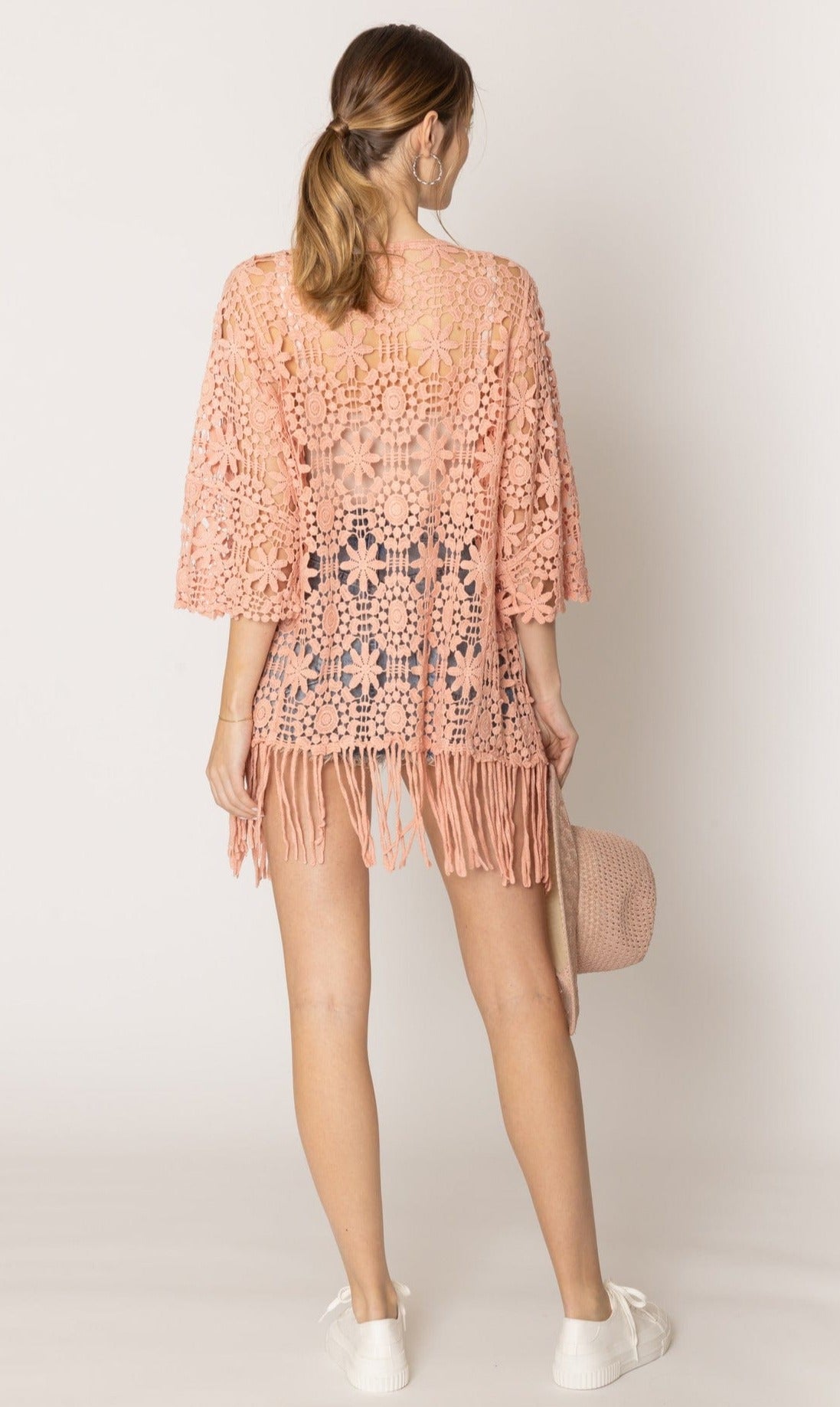 WLC410046 Eliana Crochet Kimono With Tassels - MiMi Wholesale