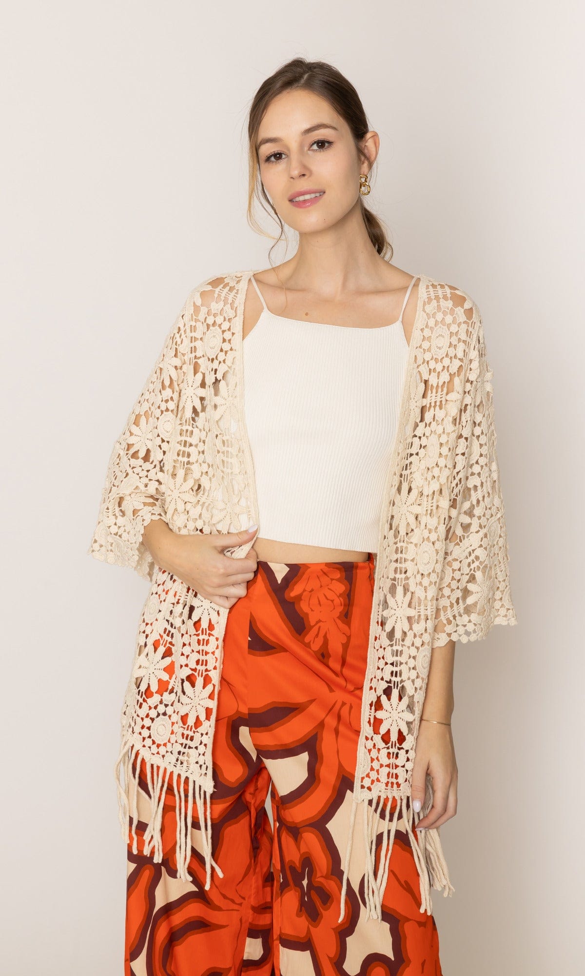 WLC410046 Eliana Crochet Kimono With Tassels - MiMi Wholesale