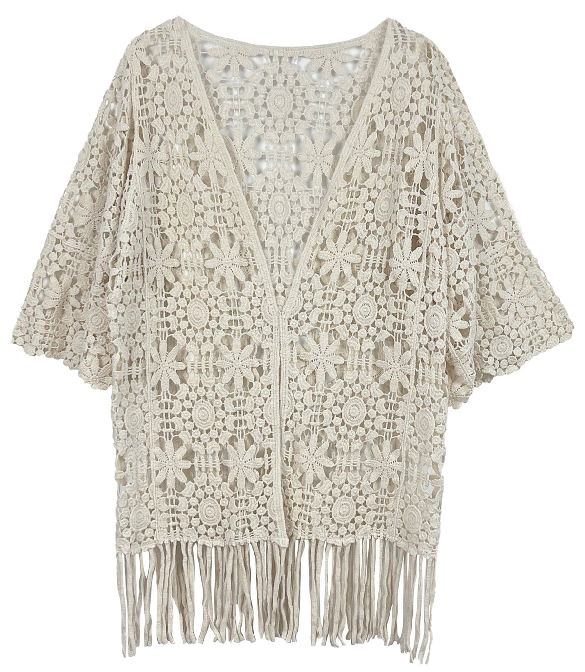 WLC410046 Eliana Crochet Kimono With Tassels - MiMi Wholesale