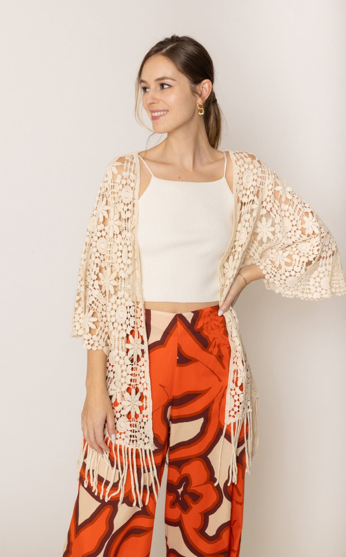 WLC410046 Eliana Crochet Kimono With Tassels - MiMi Wholesale