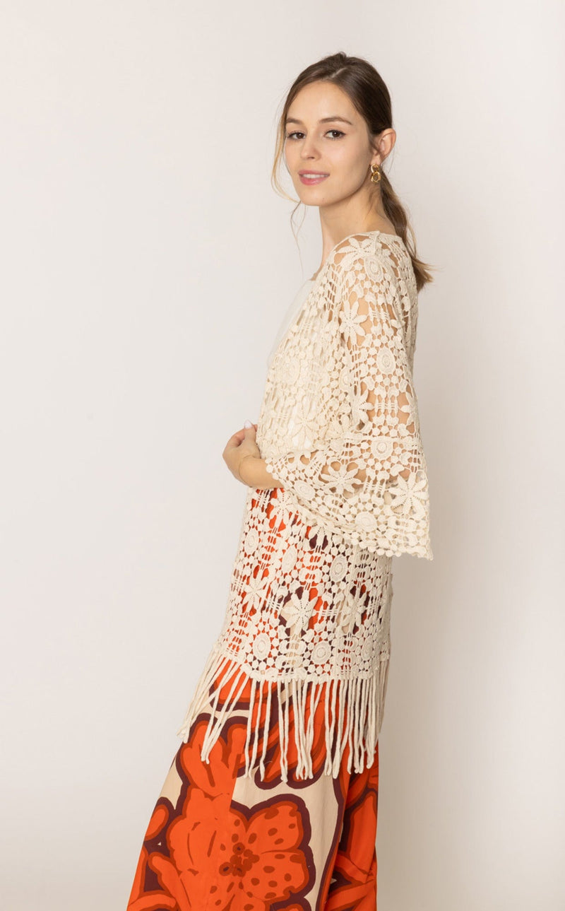WLC410046 Eliana Crochet Kimono With Tassels - MiMi Wholesale
