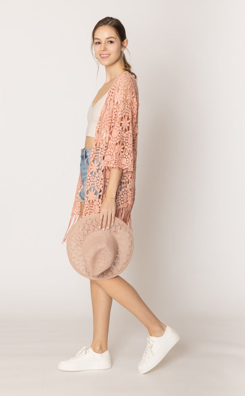 WLC410046 Eliana Crochet Kimono With Tassels - MiMi Wholesale