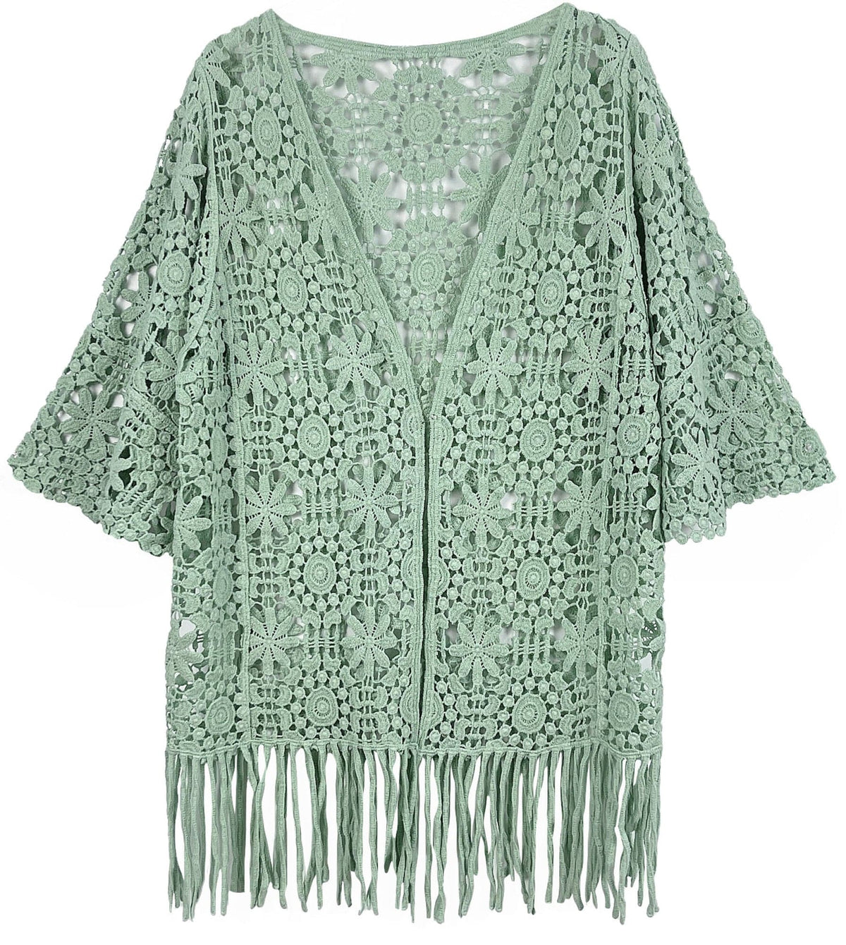 WLC410046 Eliana Crochet Kimono With Tassels - MiMi Wholesale