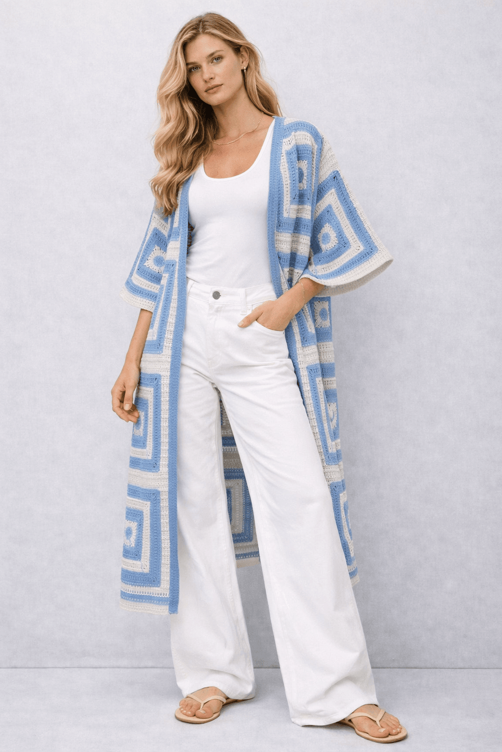 WLCS078 Square Pattern Crochet Cardigan - MiMi Wholesale
