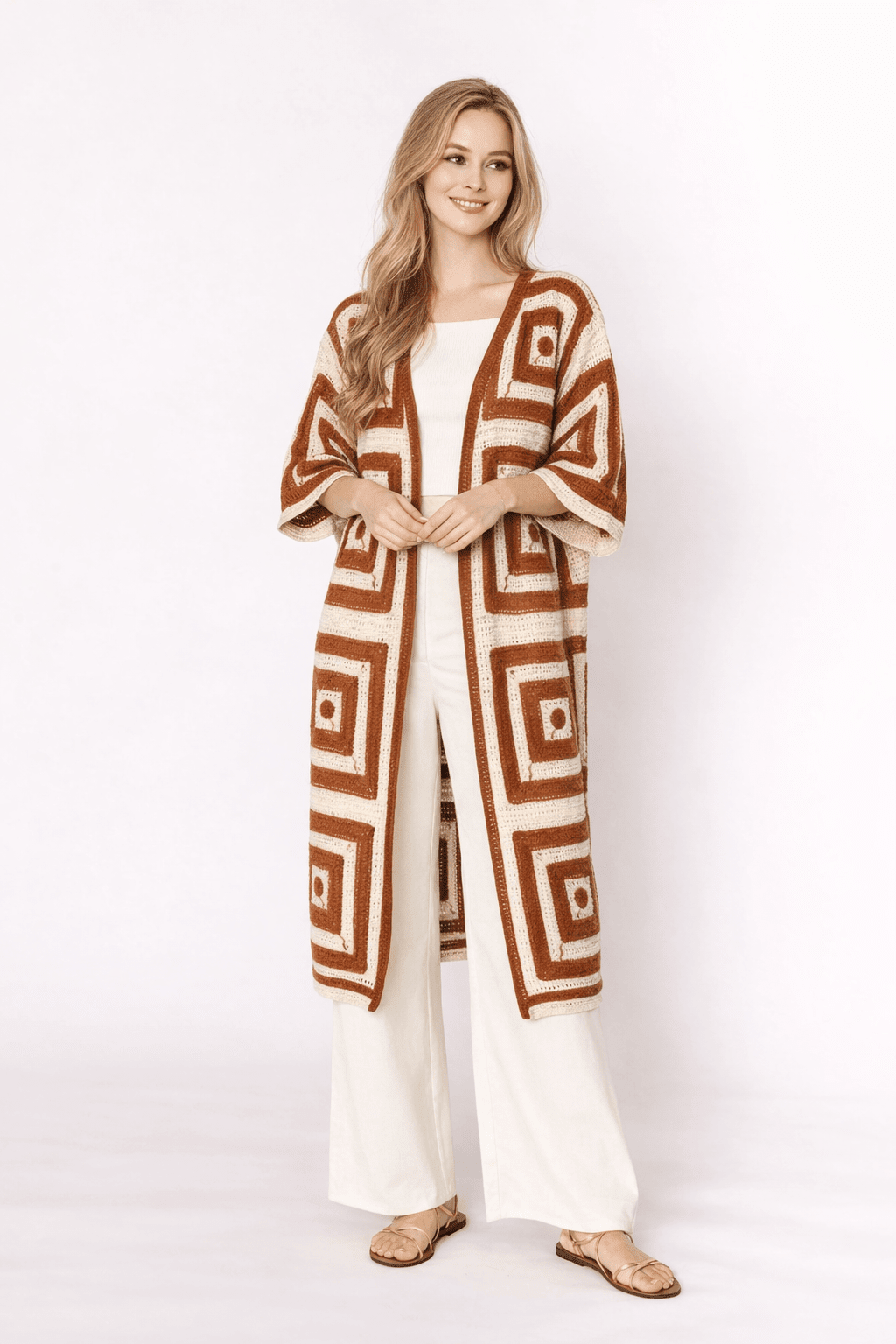WLCS078 Square Pattern Crochet Cardigan - MiMi Wholesale