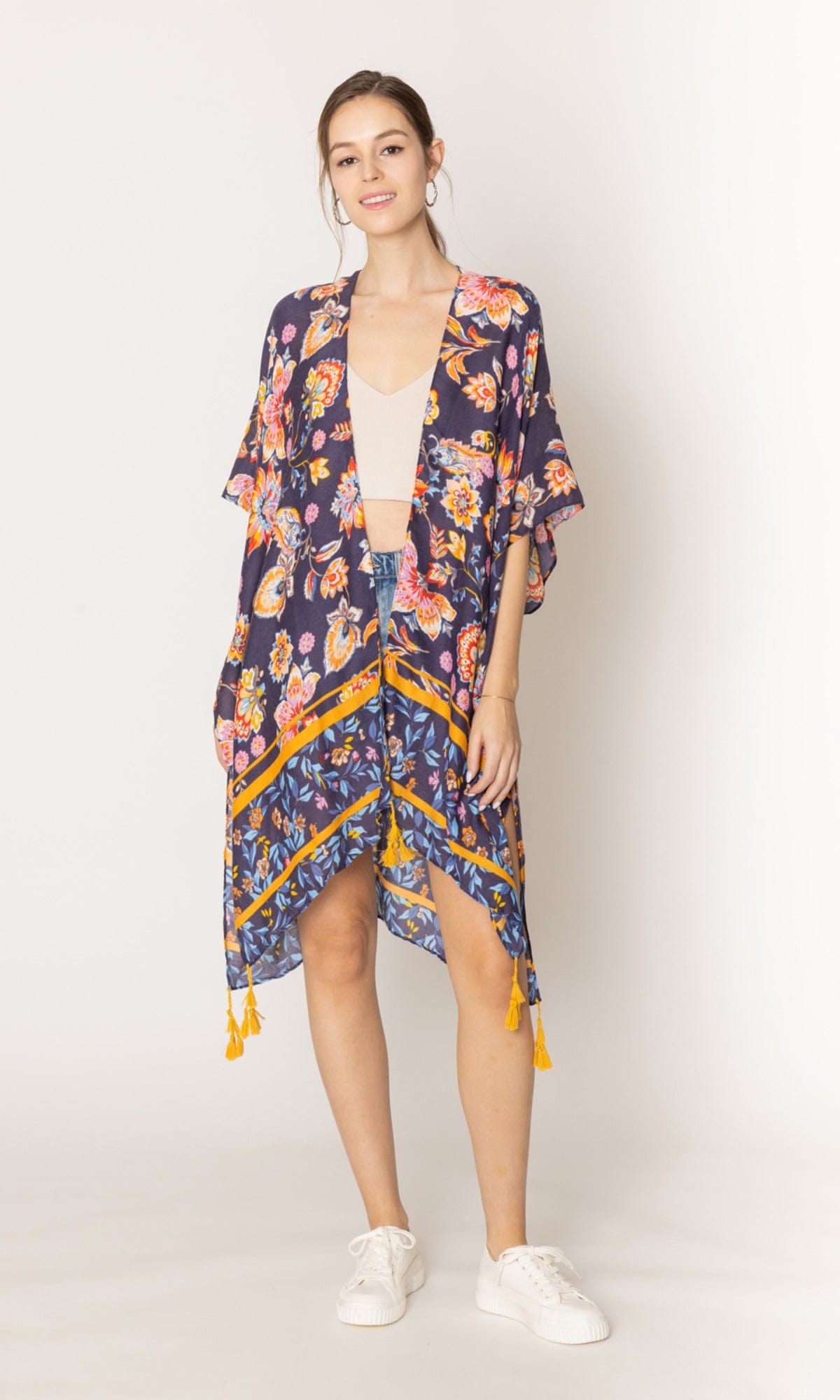 WLK410011 Leilani Floral Print Kimono With Tassels - MiMi Wholesale