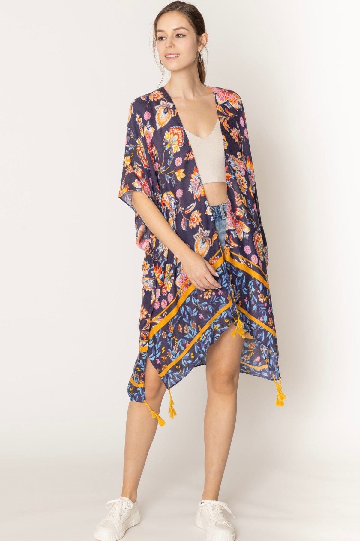 WLK410011 Leilani Floral Print Kimono With Tassels - MiMi Wholesale