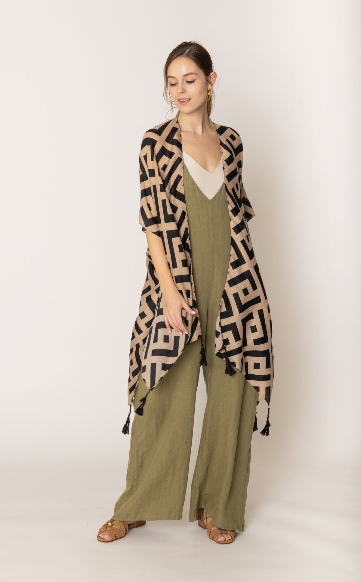 WLK410094 Aubrey Geometric Print Kimono With Tassels - MiMi Wholesale