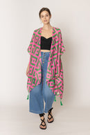 WLK410094 Aubrey Geometric Print Kimono With Tassels - MiMi Wholesale