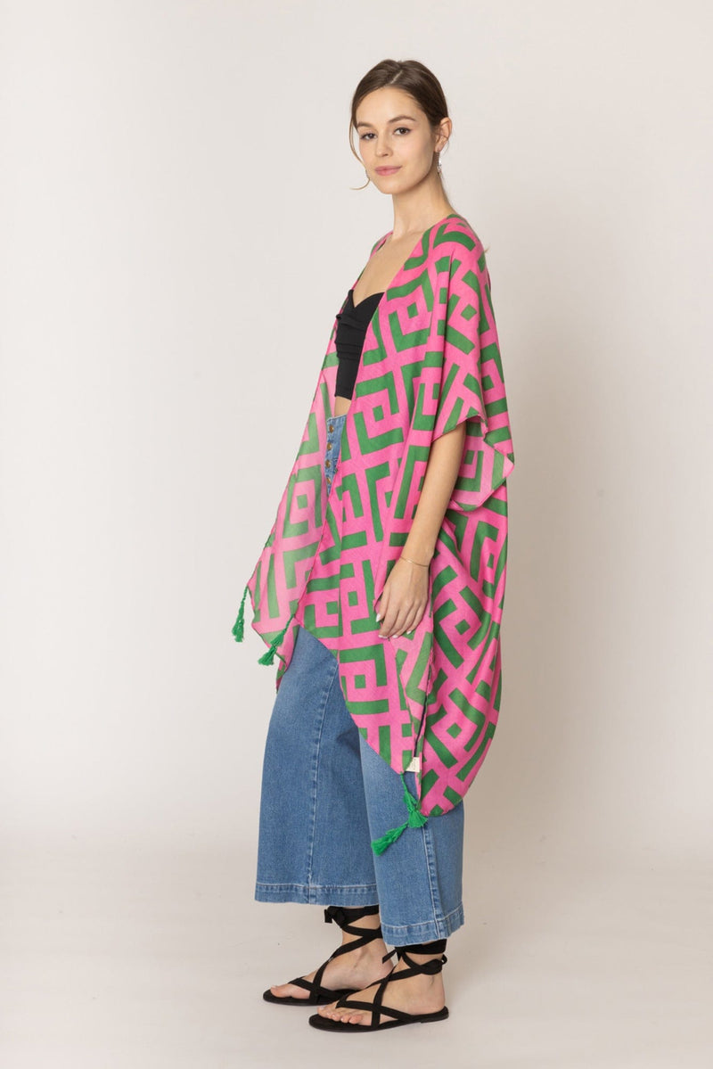 WLK410094 Aubrey Geometric Print Kimono With Tassels - MiMi Wholesale