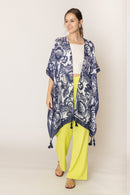 WLK410110 Two Tone Mixed Pattern Kimono With Tassels - MiMi Wholesale