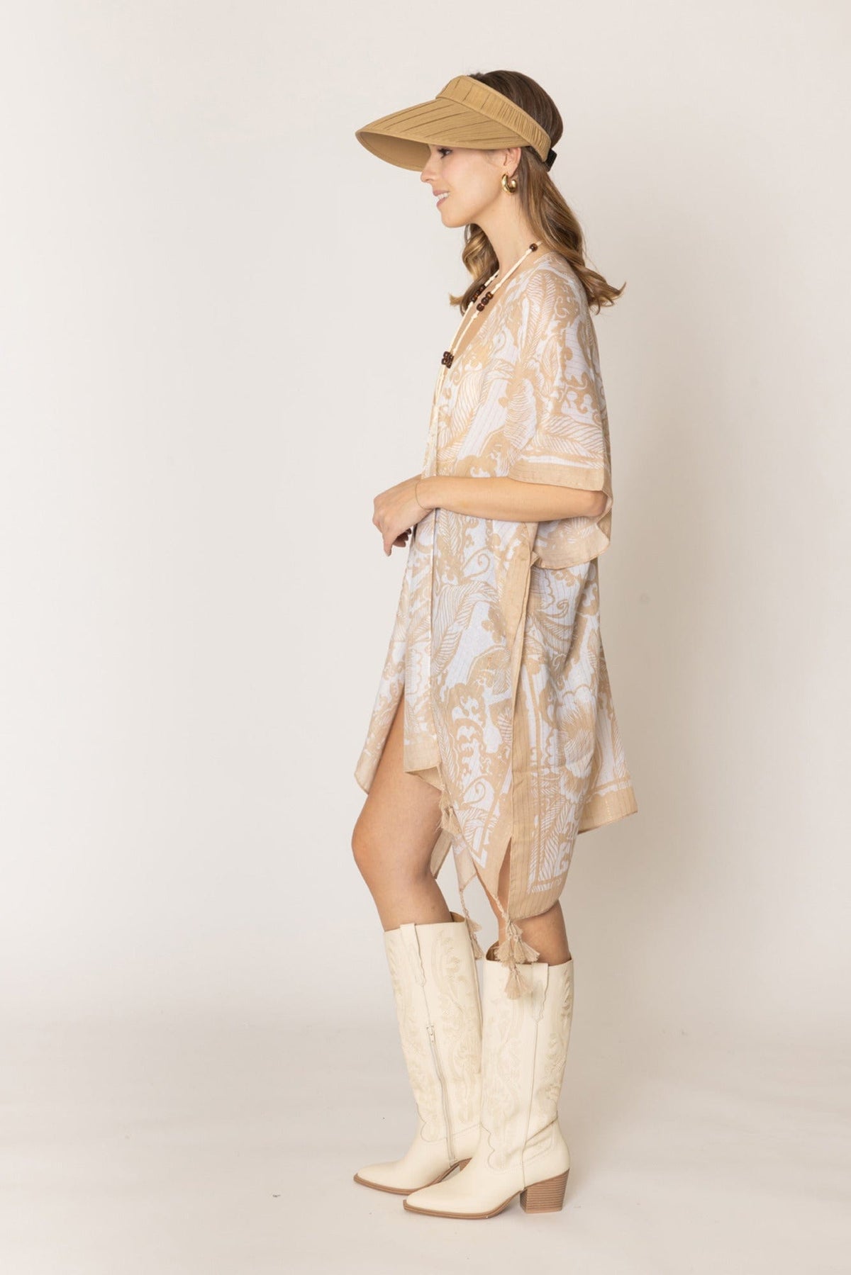 WLK410110 Two Tone Mixed Pattern Kimono With Tassels - MiMi Wholesale