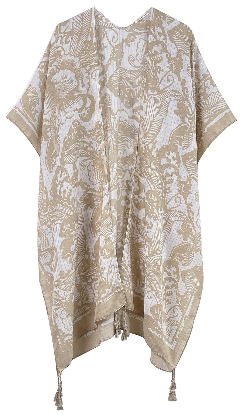 WLK410110 Two Tone Mixed Pattern Kimono With Tassels - MiMi Wholesale