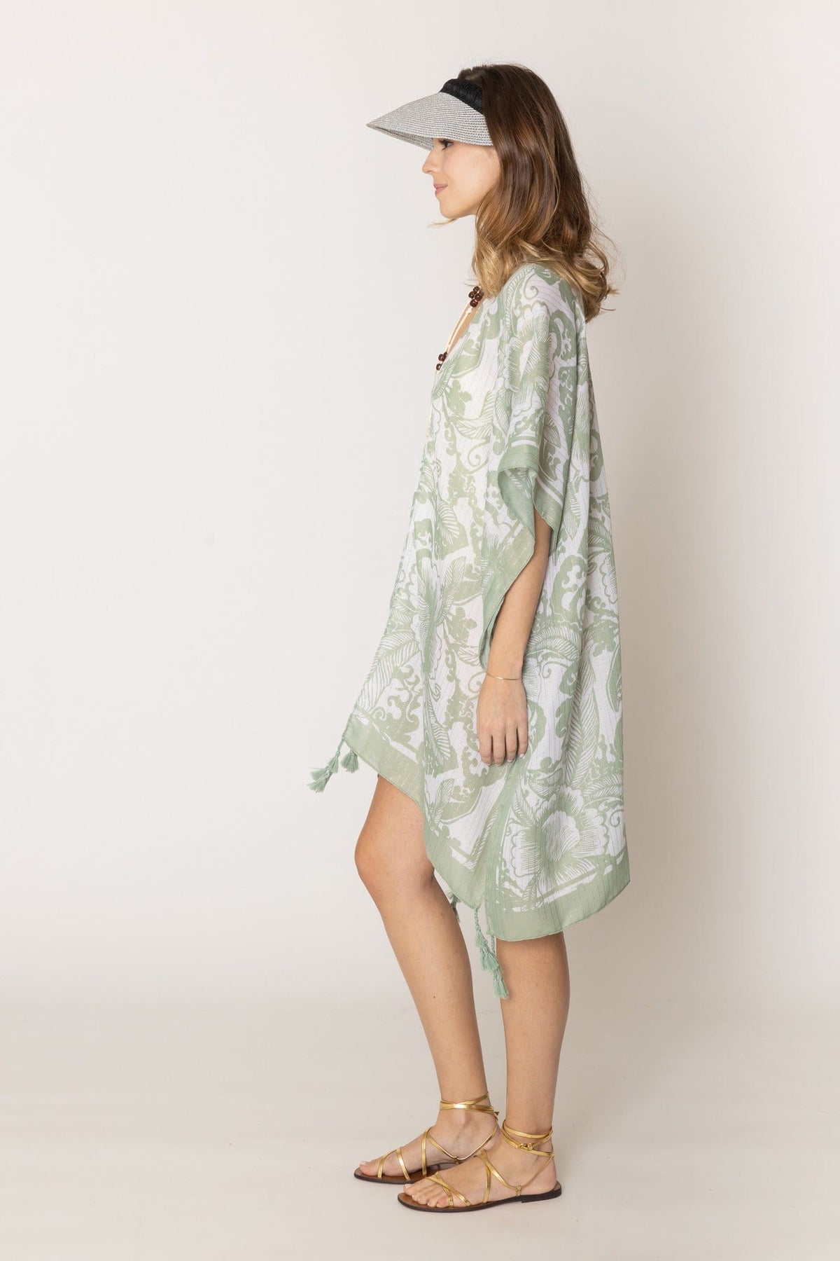 WLK410110 Two Tone Mixed Pattern Kimono With Tassels - MiMi Wholesale