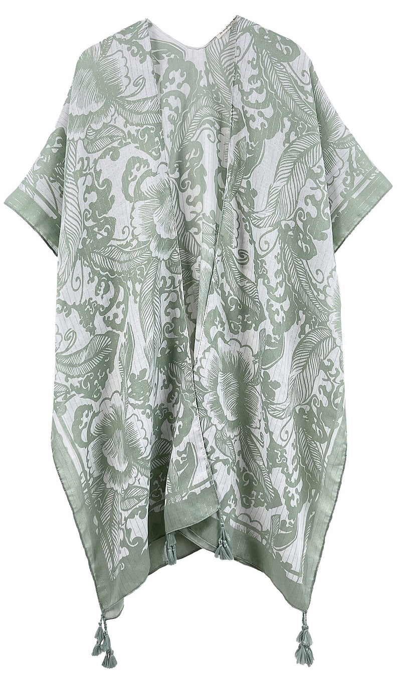 WLK410110 Two Tone Mixed Pattern Kimono With Tassels - MiMi Wholesale