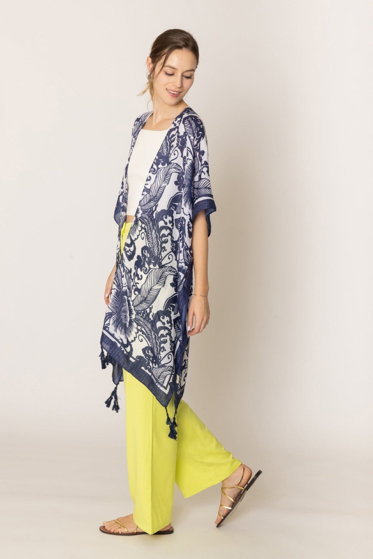 WLK410110 Two Tone Mixed Pattern Kimono With Tassels - MiMi Wholesale