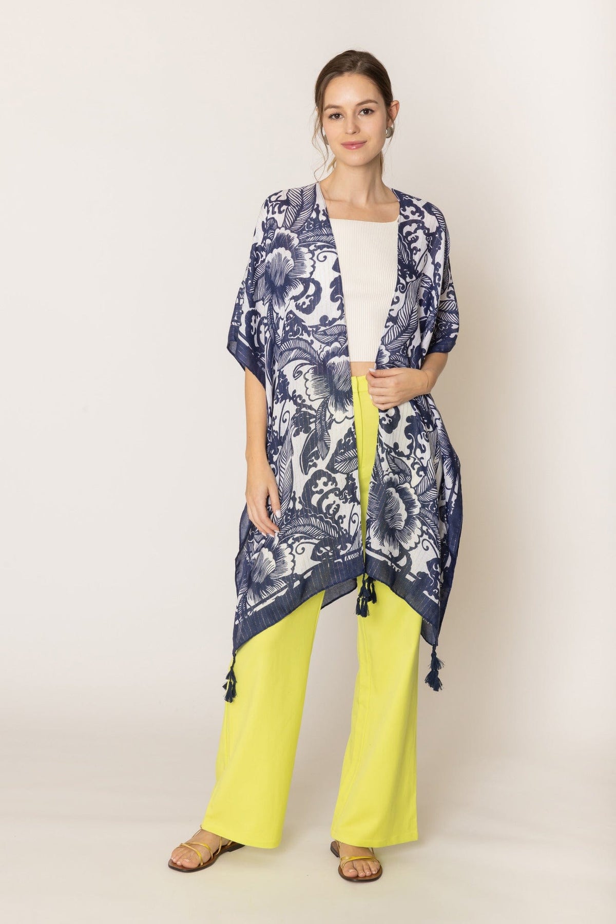 WLK410110 Two Tone Mixed Pattern Kimono With Tassels - MiMi Wholesale