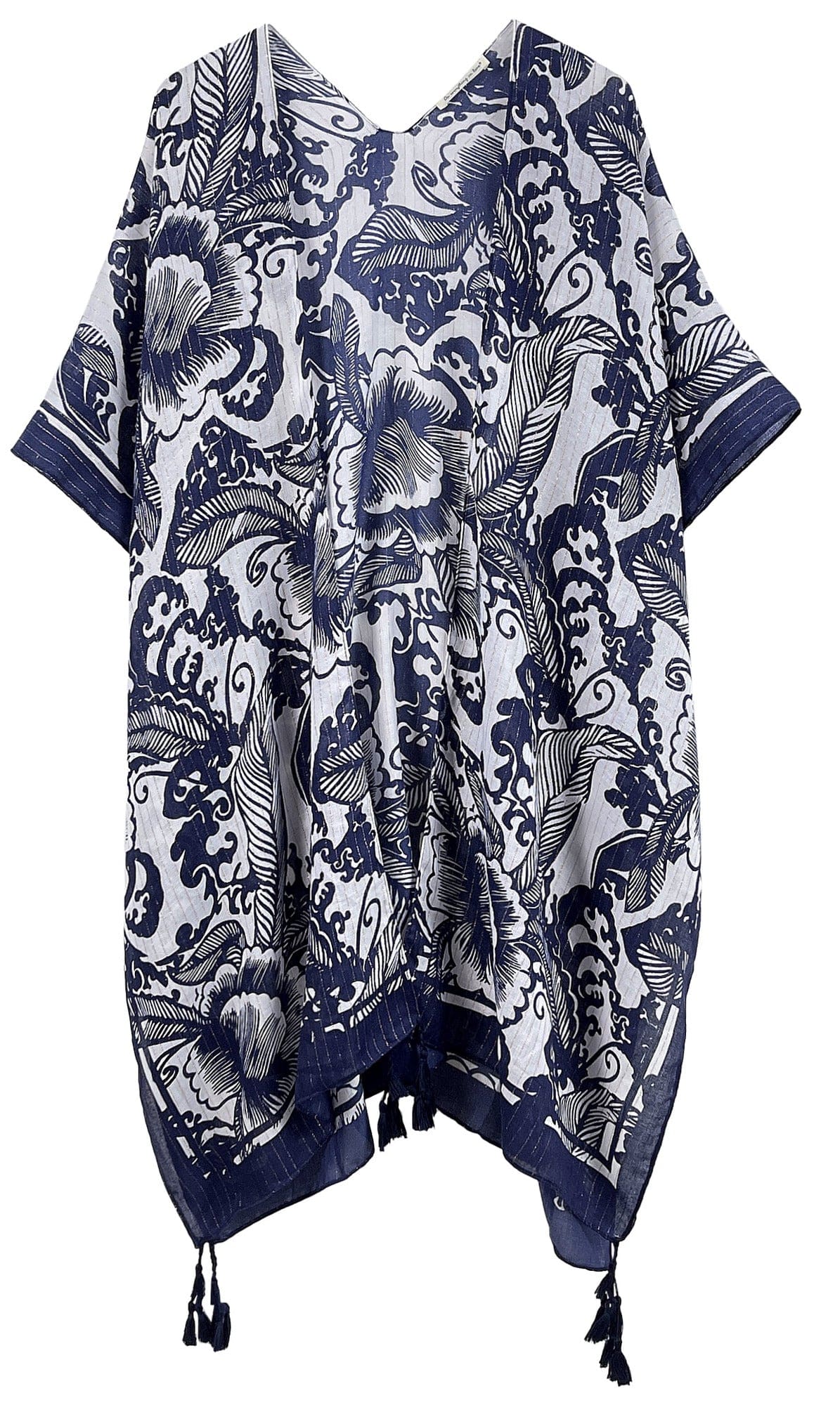 WLK410110 Two Tone Mixed Pattern Kimono With Tassels - MiMi Wholesale