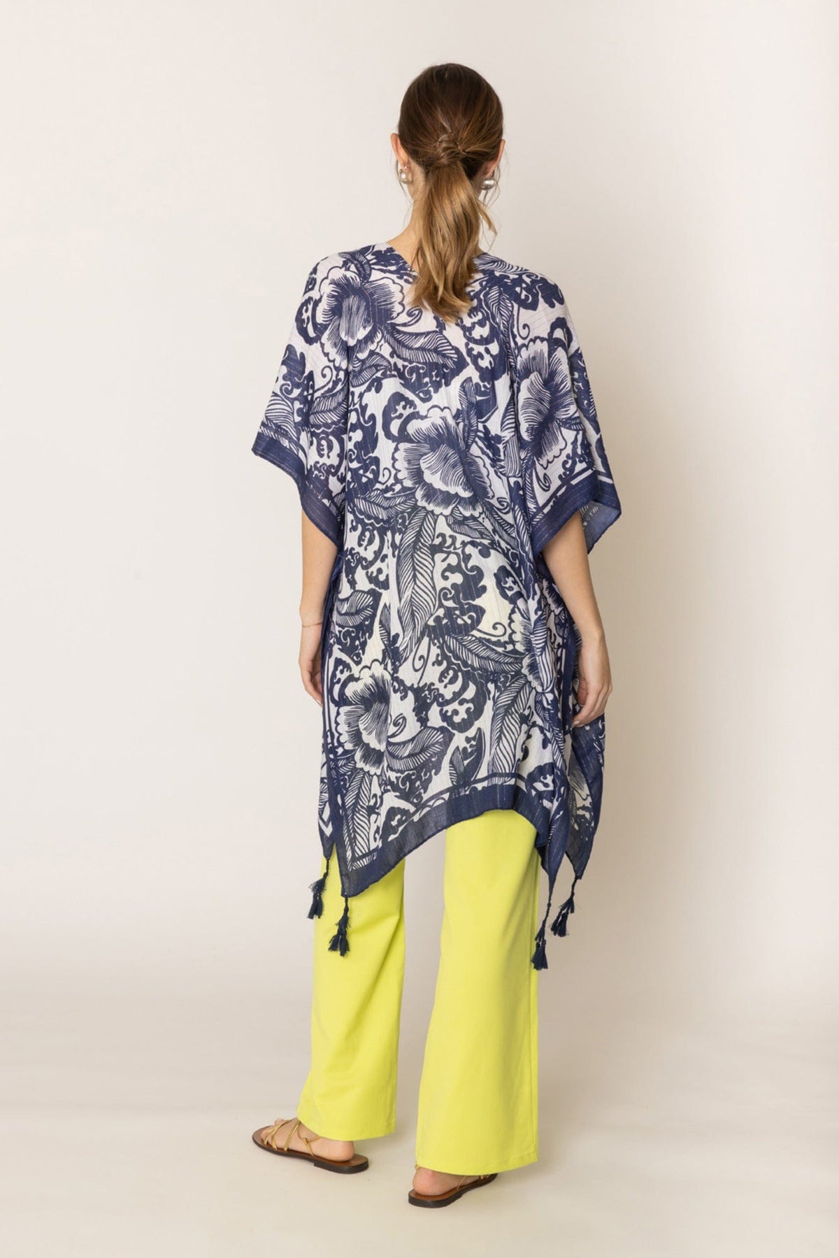 WLK410110 Two Tone Mixed Pattern Kimono With Tassels - MiMi Wholesale