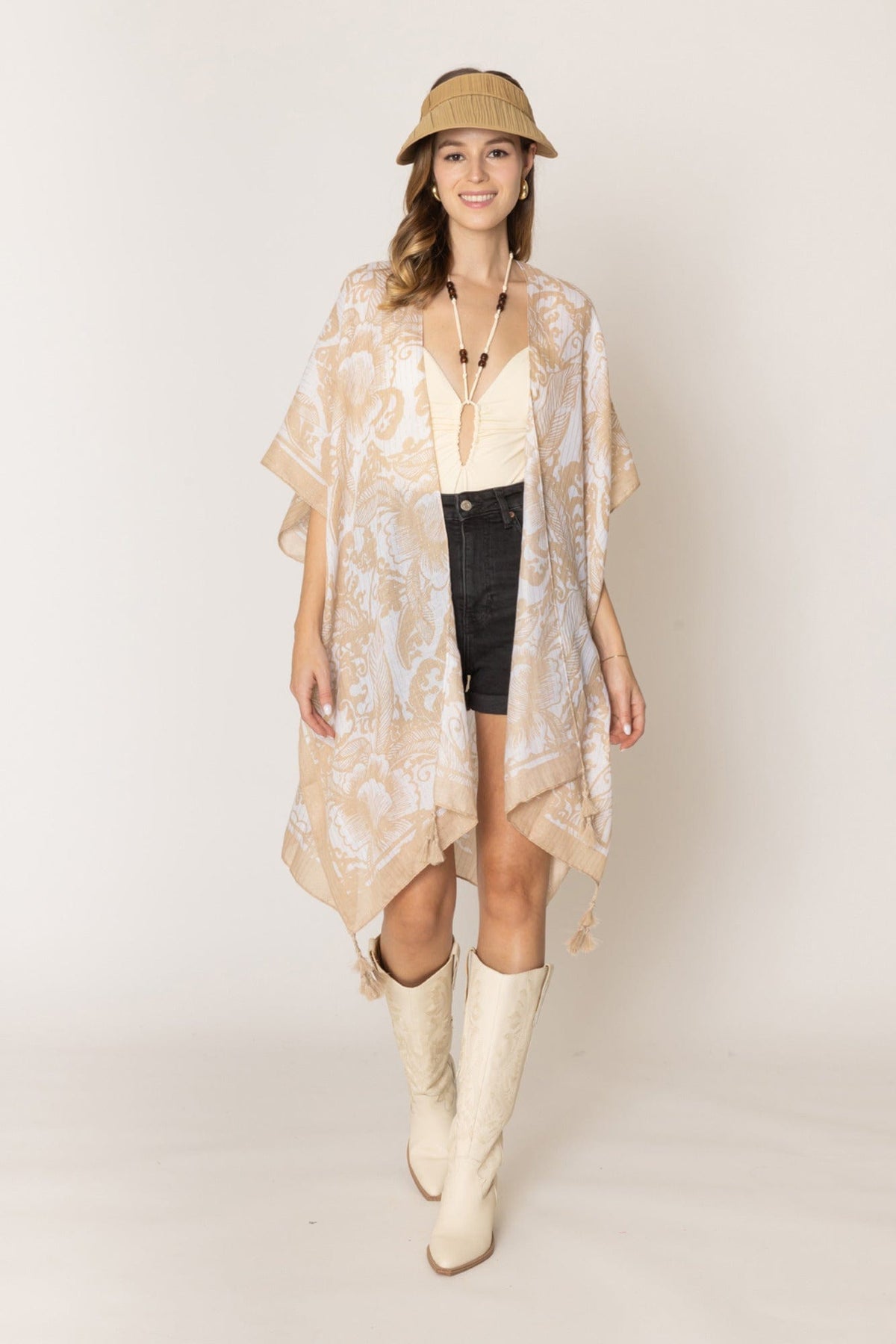 WLK410110 Two Tone Mixed Pattern Kimono With Tassels - MiMi Wholesale