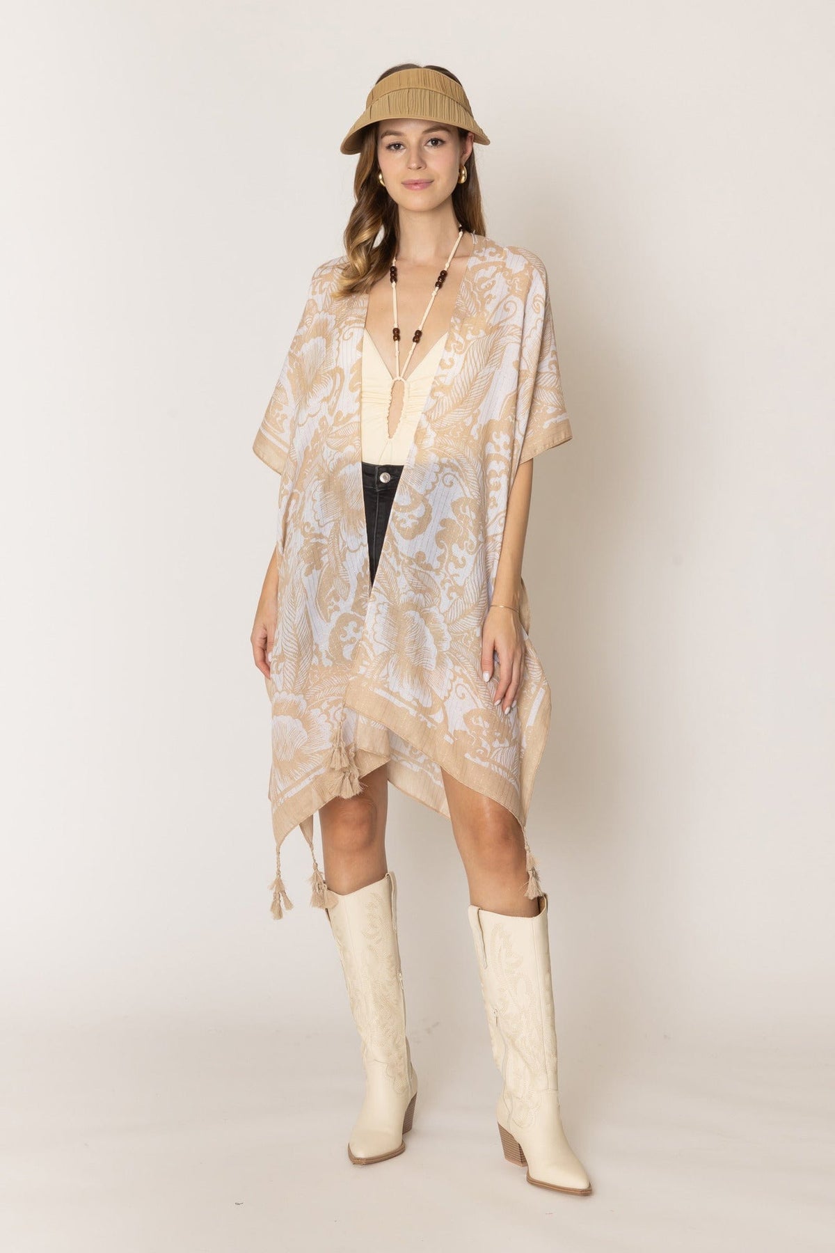 WLK410110 Two Tone Mixed Pattern Kimono With Tassels - MiMi Wholesale