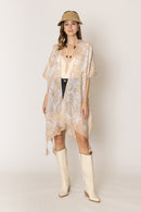 WLK410110 Two Tone Mixed Pattern Kimono With Tassels - MiMi Wholesale